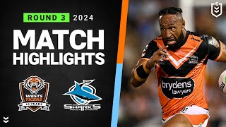 NRL 2024  Wests Tigers v Sharks  Match Highlights [upl. by Nnylrebma]