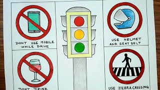 Road Safety drawing for beginners  Sadak Suraksha Rules drawing [upl. by Einalam]