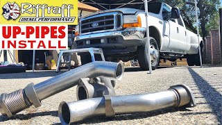 2001 F350 73  RiffRaff UpPipes Install  Stock up pipes leaking and falling apart JUNK SP [upl. by Beall]