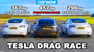 Tesla Model 3 DRAG RACE Performance v Long Range v Standard Plus [upl. by Alenairam]