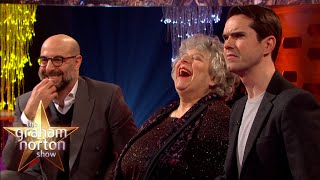 Stanley Tucci Miriam Margolyes amp Jimmy Carr Guess What Audience Member Is Wearing A Wig [upl. by Atir]